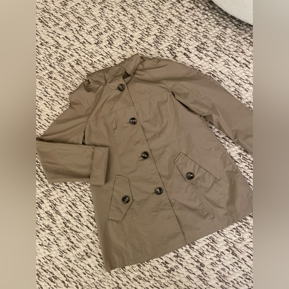 Long rain coat, Beige, water resistant, to thigh, used